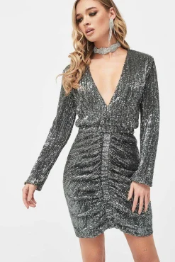 Lavish Alice Dresses<Jade Ruched Sequin Mini Dress In Grey Sequin