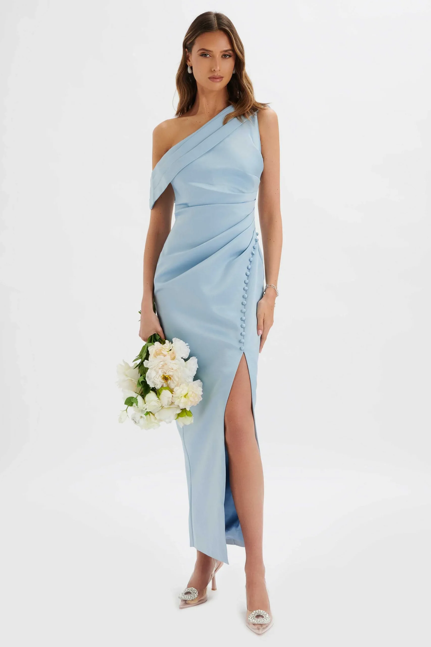 Lavish Alice Dresses<Joanna Bonded Satin Pleated Maxi Dress In Dusty Blue