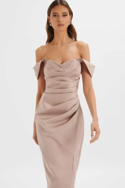 Lavish Alice Dresses<Kaitlin Bonded Satin Off Shoulder Maxi Dress In Mink