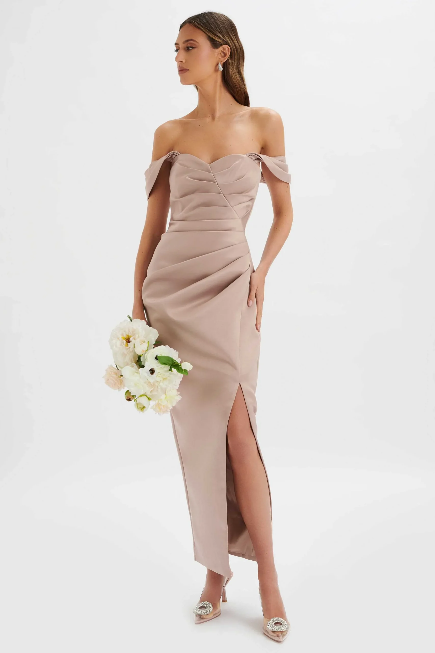 Lavish Alice Dresses<Kaitlin Bonded Satin Off Shoulder Maxi Dress In Mink