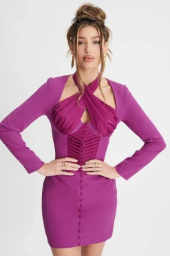 Lavish Alice Dresses<Kali Satin Mix Halterneck Mini Dress In Purple