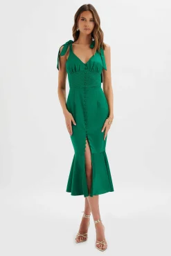 Lavish Alice Dresses<Kamila Tie Strap Micro Button Satin Midi Dress In Emerald Green