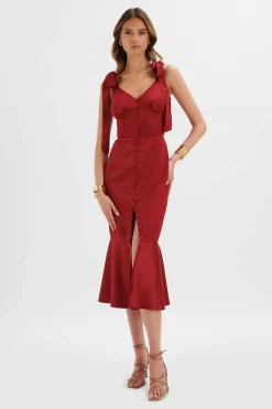 Lavish Alice Dresses<Kamila Tie Strap Micro Button Satin Midi Dress In Burgundy