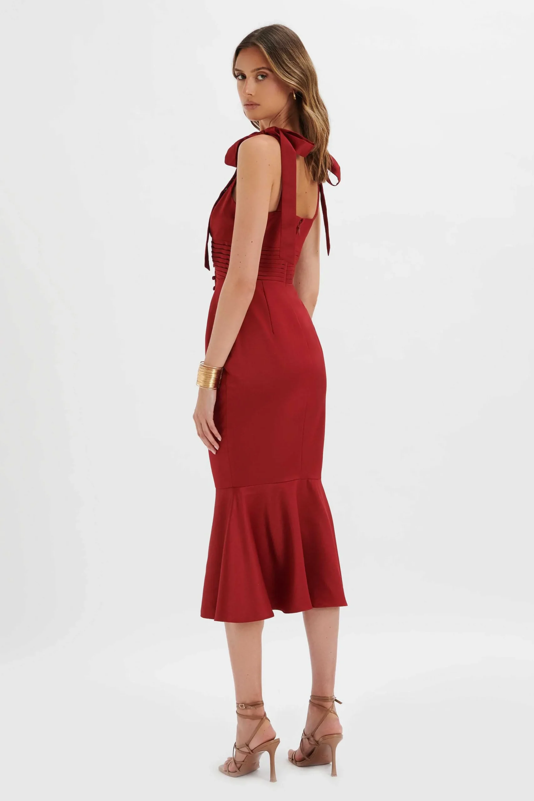 Lavish Alice Dresses<Kamila Tie Strap Micro Button Satin Midi Dress In Burgundy