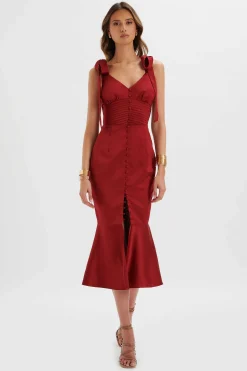 Lavish Alice Dresses<Kamila Tie Strap Micro Button Satin Midi Dress In Burgundy