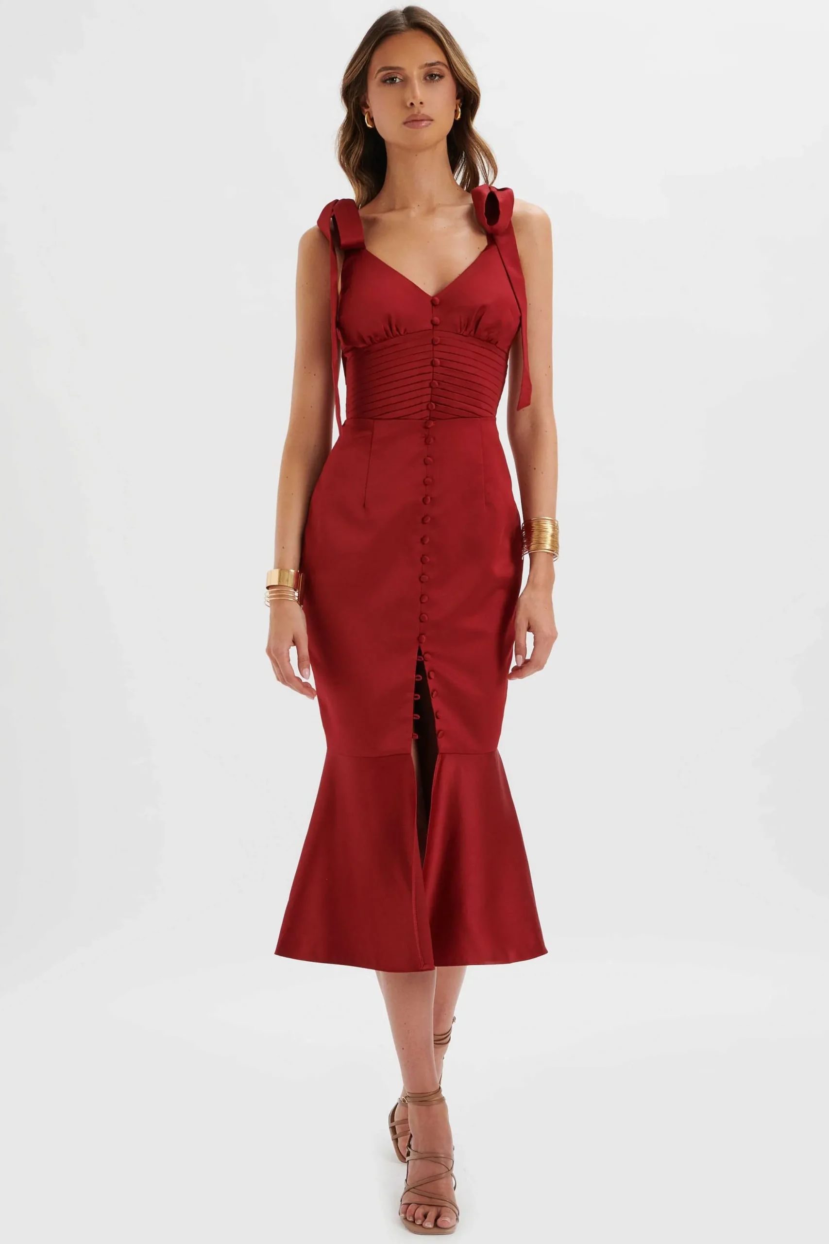 Lavish Alice Dresses<Kamila Tie Strap Micro Button Satin Midi Dress In Burgundy