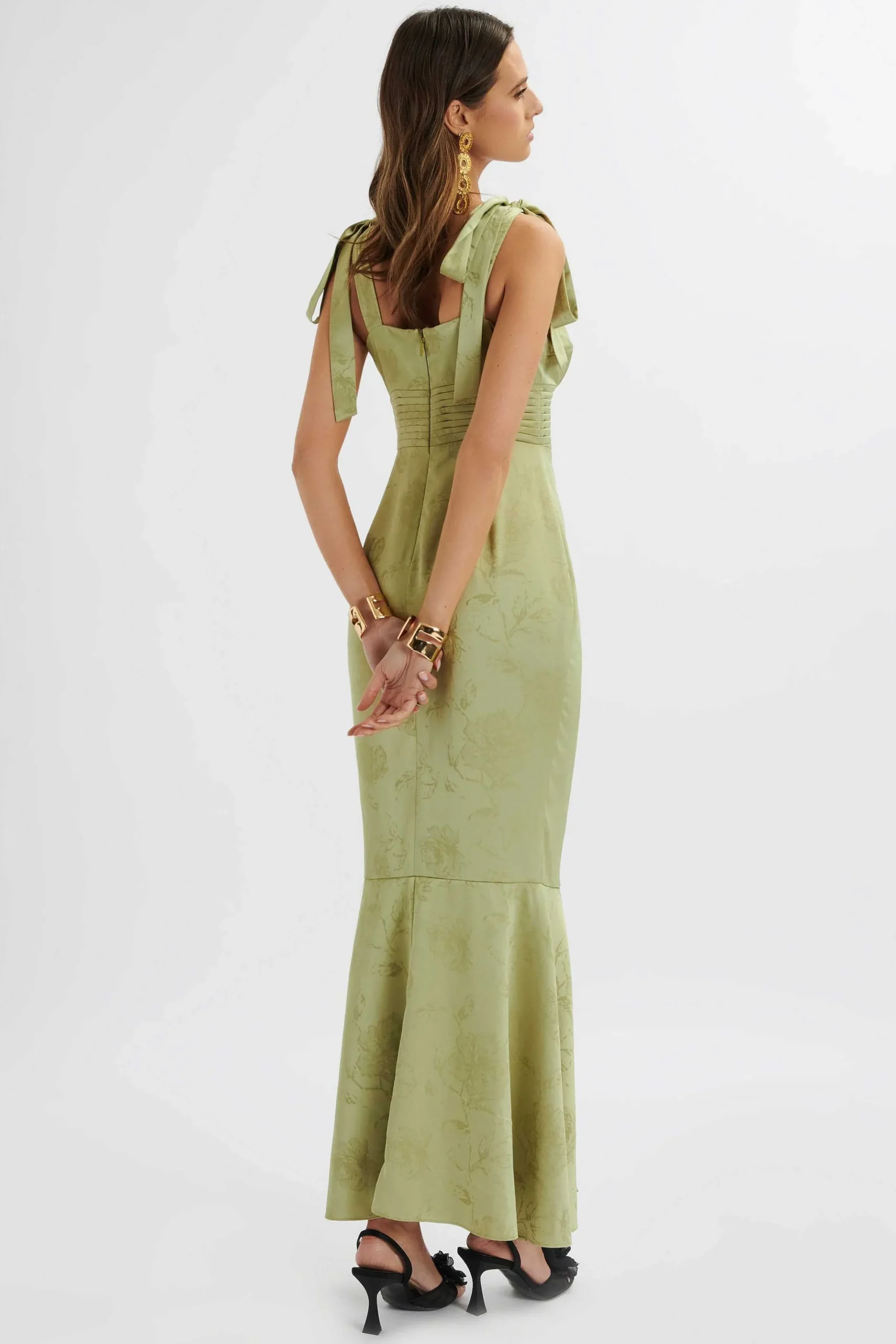 Lavish Alice Dresses<Kamila Tie Strap Micro Button Satin Maxi Dress In Green Floral