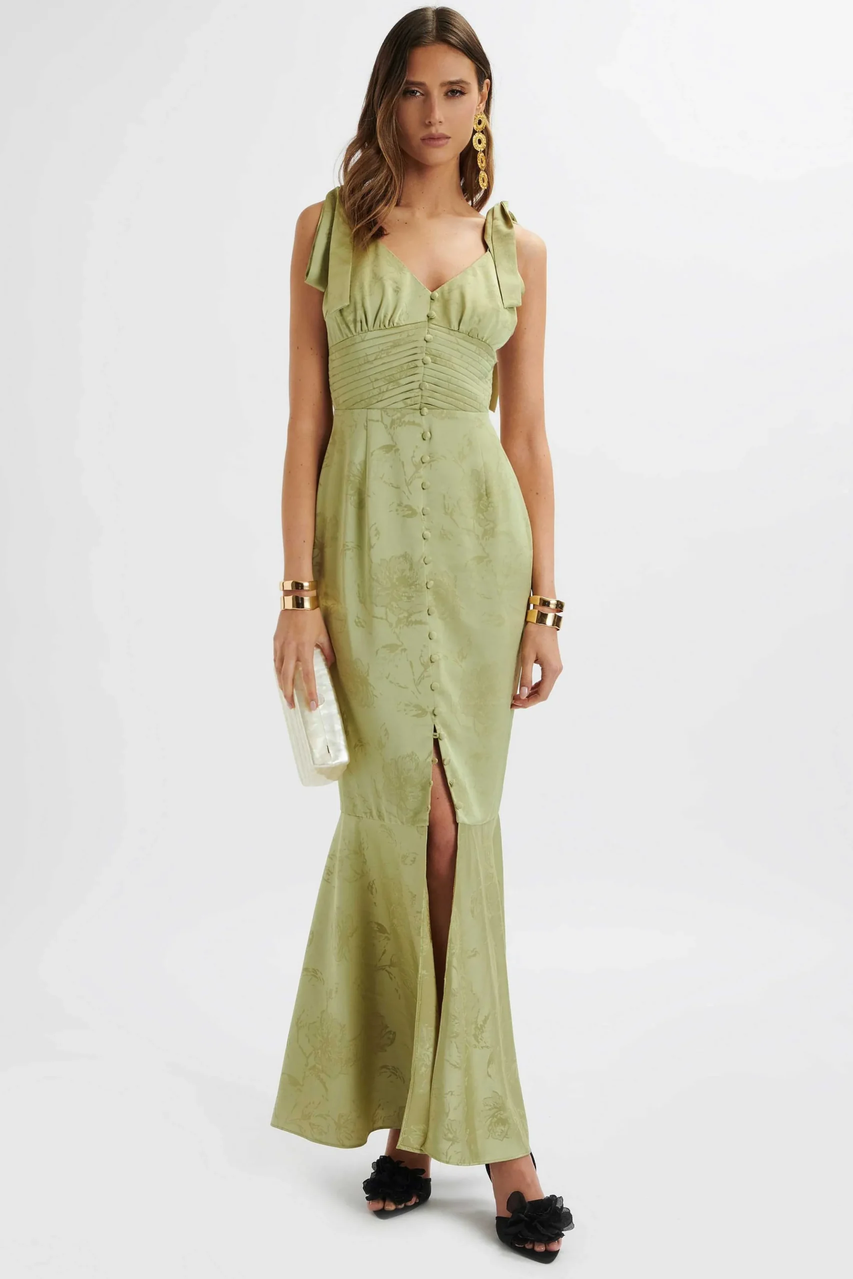 Lavish Alice Dresses<Kamila Tie Strap Micro Button Satin Maxi Dress In Green Floral
