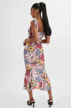 Lavish Alice Dresses<Kamila Tie Strap Micro Button Longline Midi Dress In Pink Floral Satin
