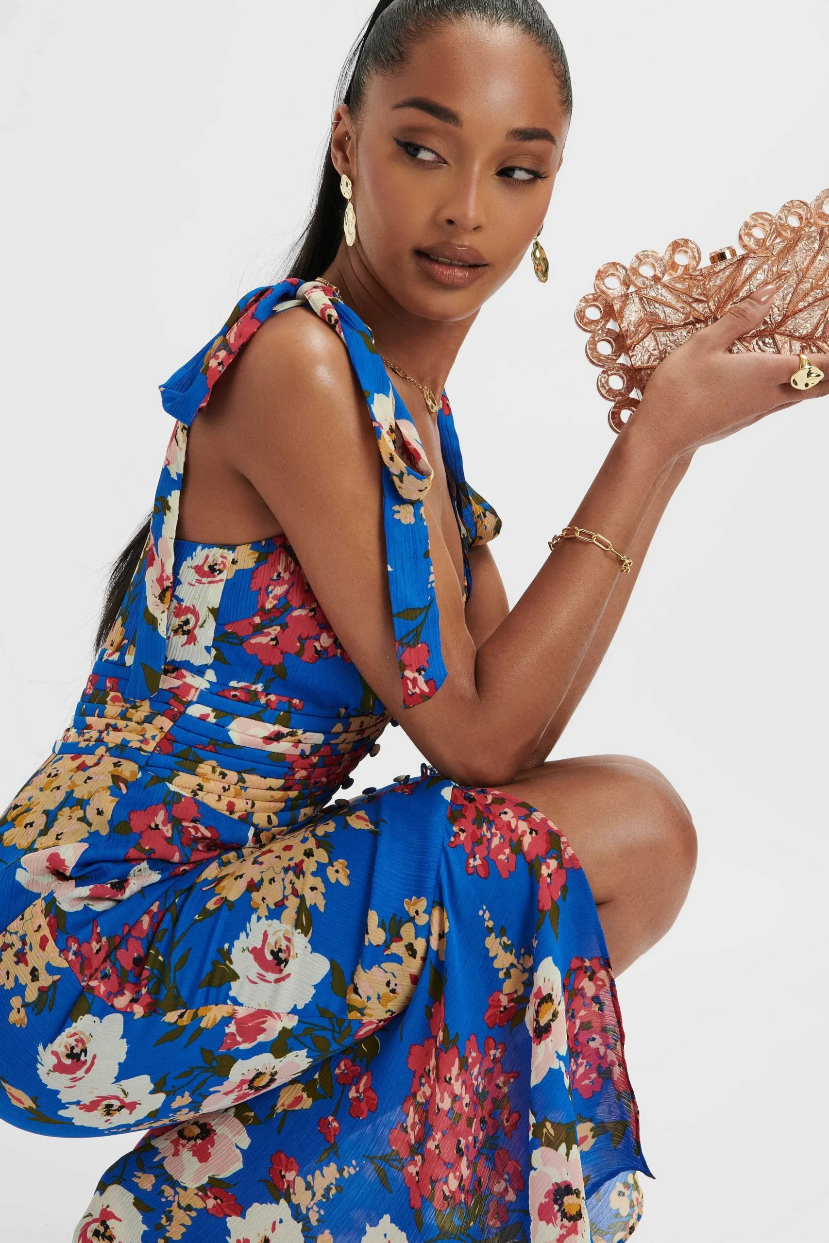 Lavish Alice Dresses<Kamila Tie Strap Micro Button Longline Midi Dress In Blue Floral Satin