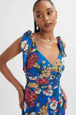 Lavish Alice Dresses<Kamila Tie Strap Micro Button Longline Midi Dress In Blue Floral Satin