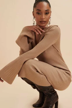 Lavish Alice Dresses<Kaya Knitted Ribbed Collar Midi Dress In Camel
