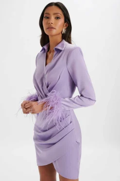 Lavish Alice Dresses<Laura Satin Mini Shirt Dress With Feather Cuffs In Lavender