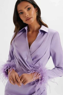 Lavish Alice Dresses<Laura Satin Mini Shirt Dress With Feather Cuffs In Lavender