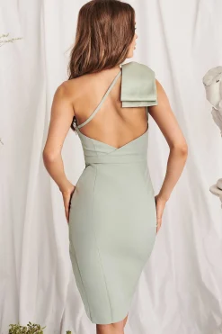 Lavish Alice Dresses<Lillian One Shoulder Satin Bow Midi Dress In Sage Green