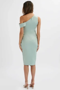 Lavish Alice Dresses<Maja One Shoulder Pleated Bonded Satin Midi Dress In Sage Green