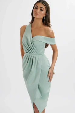 Lavish Alice Dresses<Maja One Shoulder Pleated Bonded Satin Midi Dress In Sage Green