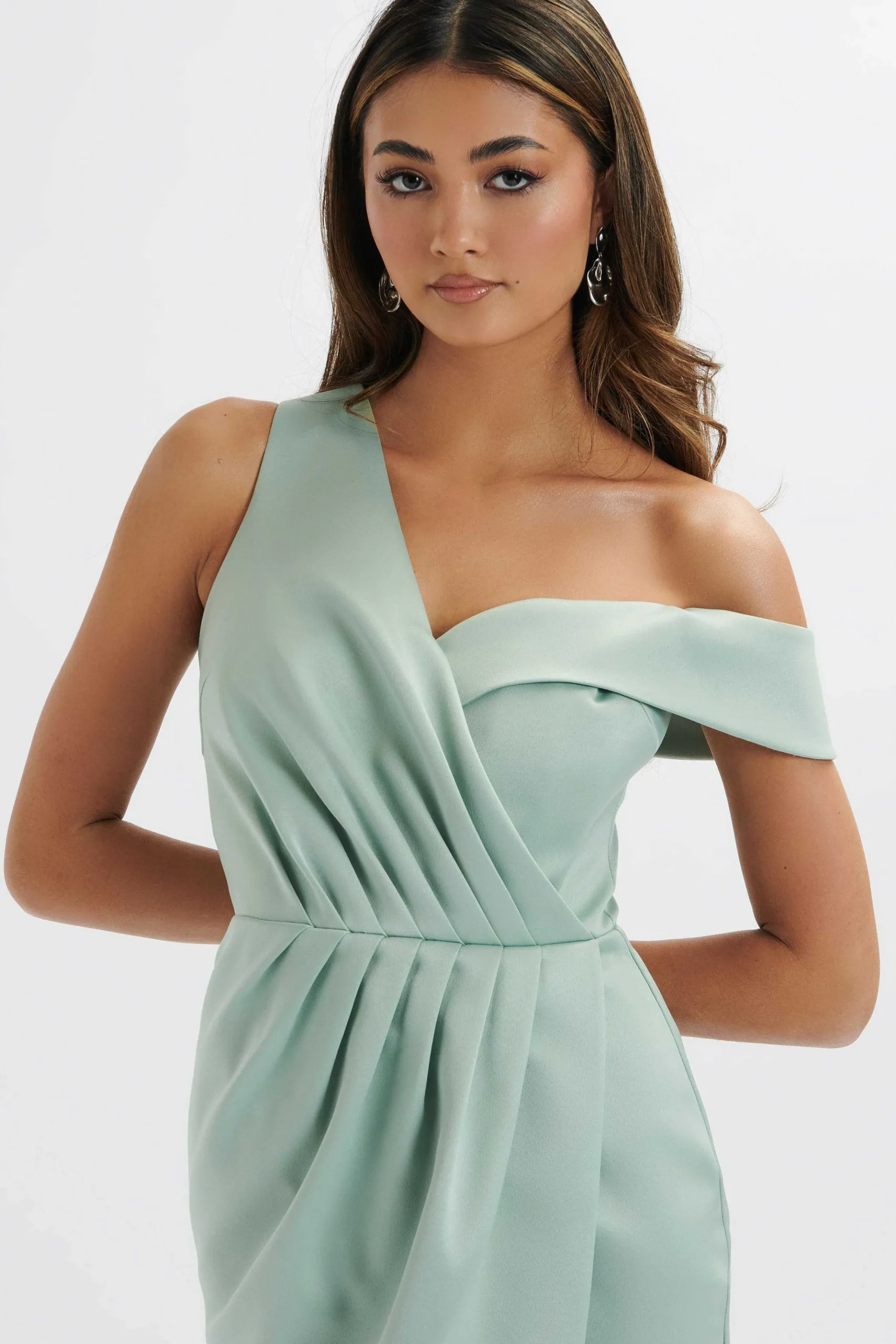 Lavish Alice Dresses<Maja One Shoulder Pleated Bonded Satin Midi Dress In Sage Green