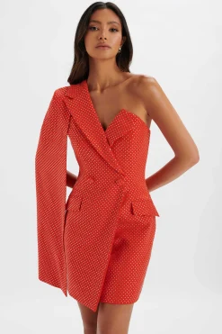 Lavish Alice Dresses<Marcy Crystal Embellished One Shoulder Cape Blazer Dress In Red