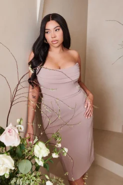 Lavish Alice Dresses<Maria Curve Cowl Front Bandeau Midi Pencil Dress In Stone