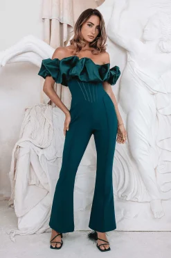 Lavish Alice Jumpsuits & Playsuits<Mariah Satin Mix Puff Bardot Jumpsuit In Emerald Green
