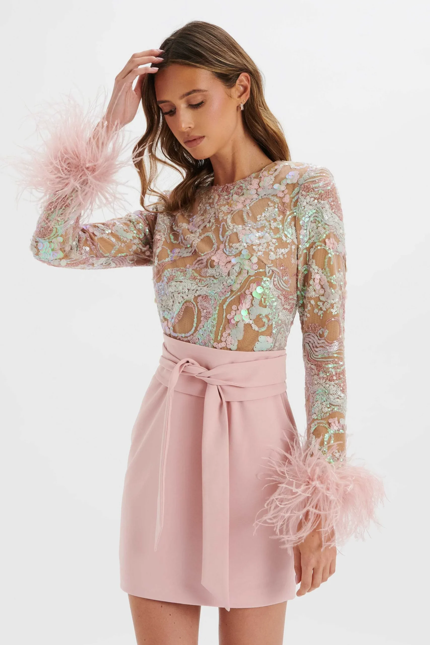 Lavish Alice Dresses<Medina Embellished Feather Cuff Mini Dress In Pink