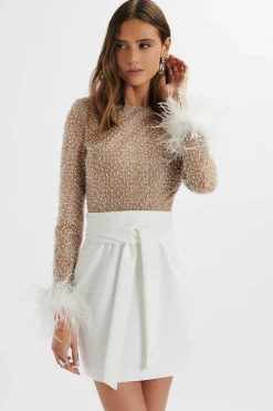 Lavish Alice Dresses<Medina Pearl Embellished Feather Cuff Mini Dress In White