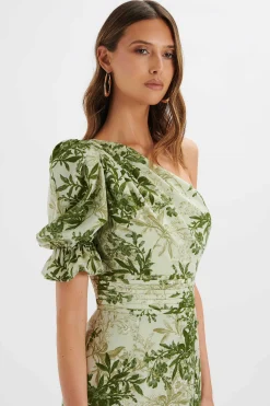 Lavish Alice Dresses<Nakia Asymmetric Puff Sleeve Midi Dress In Botanical Print