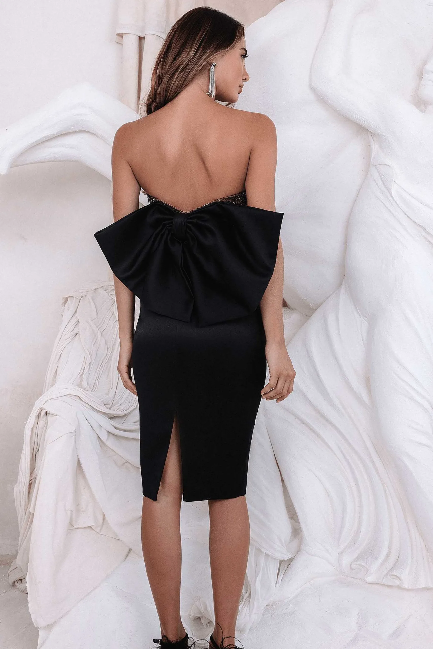 Lavish Alice Dresses<Nisha Bandeau Mesh Beaded Midi Dress With Satin Bow Detail In Black
