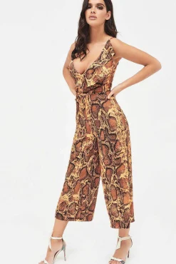 Lavish Alice Jumpsuits & Playsuits<Nora Satin Frill Wrap Culotte Jumpsuit In Golden Yellow Snake Print