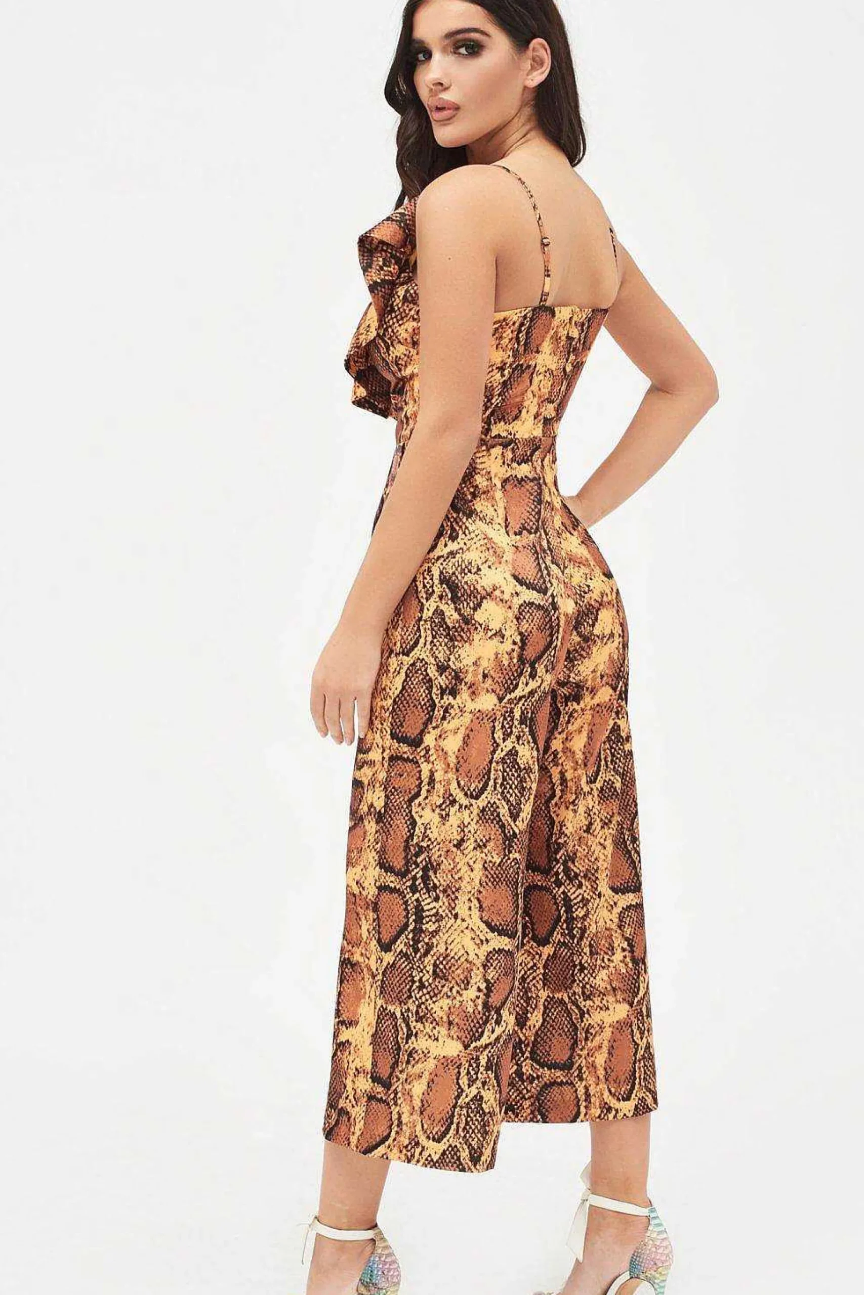 Lavish Alice Jumpsuits & Playsuits<Nora Satin Frill Wrap Culotte Jumpsuit In Golden Yellow Snake Print