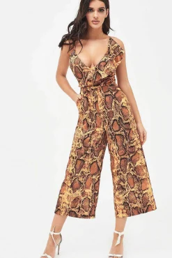 Lavish Alice Jumpsuits & Playsuits<Nora Satin Frill Wrap Culotte Jumpsuit In Golden Yellow Snake Print