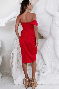 Lavish Alice Dresses<Noura Asymmetric Draped Satin Midi Dress In Red