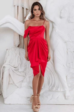 Lavish Alice Dresses<Noura Asymmetric Draped Satin Midi Dress In Red