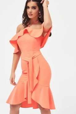 Lavish Alice Dresses<Paisley Bardot Frill Halterneck Midi Dress In Neon Coral