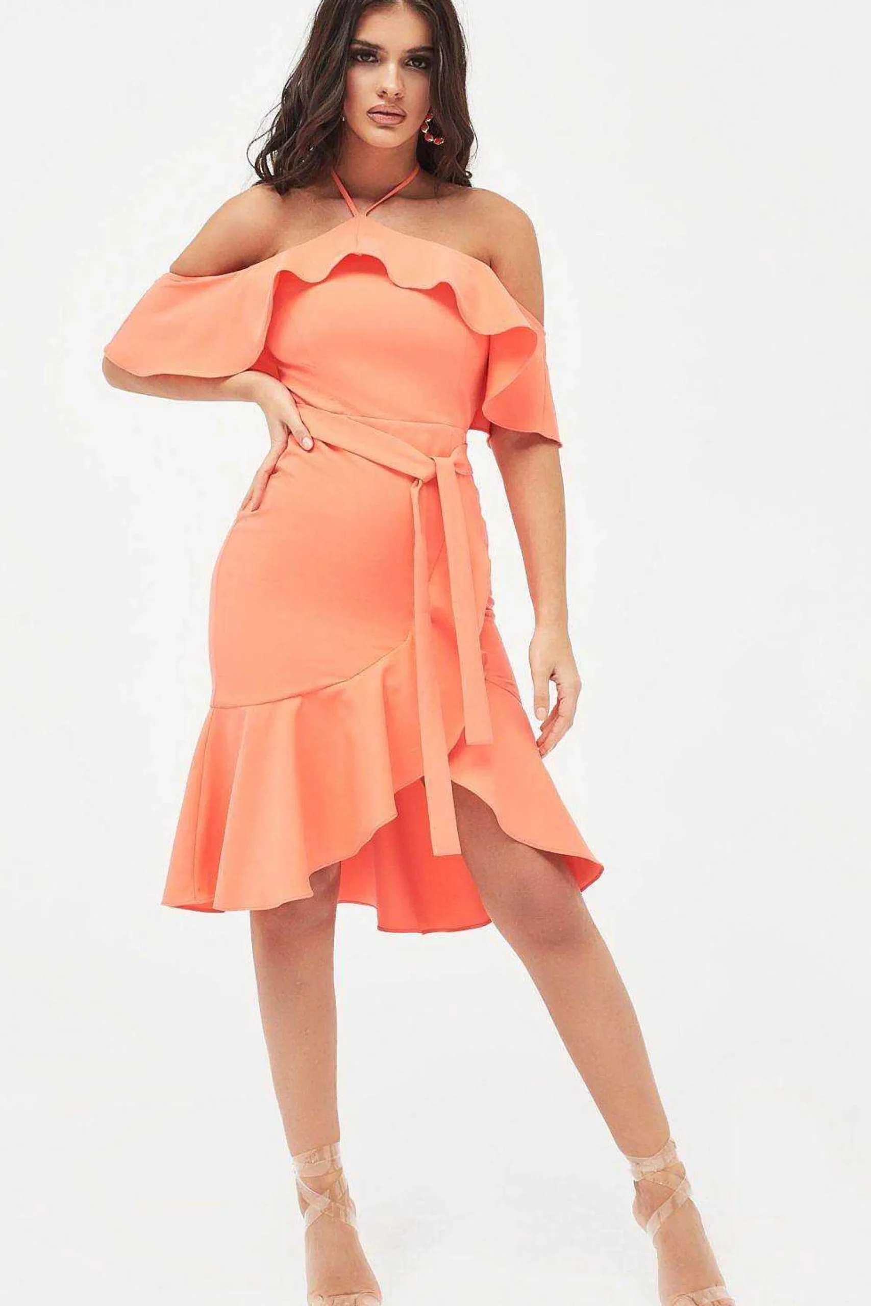 Lavish Alice Dresses<Paisley Bardot Frill Halterneck Midi Dress In Neon Coral