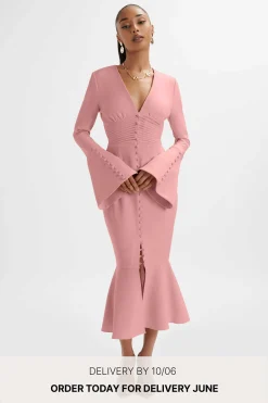Lavish Alice Dresses<**Pre-Order** Salma Fluted Sleeve Longline Fishtail Midi Dress In Pink