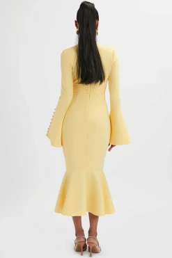 Lavish Alice Dresses<**Pre-Order** Salma Fluted Sleeve Longline Fishtail Midi Dress In Yellow