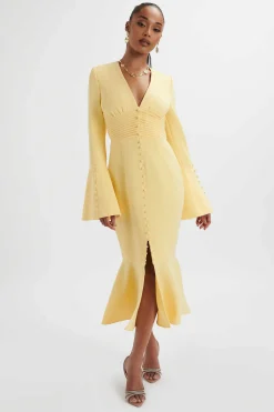 Lavish Alice Dresses<**Pre-Order** Salma Fluted Sleeve Longline Fishtail Midi Dress In Yellow