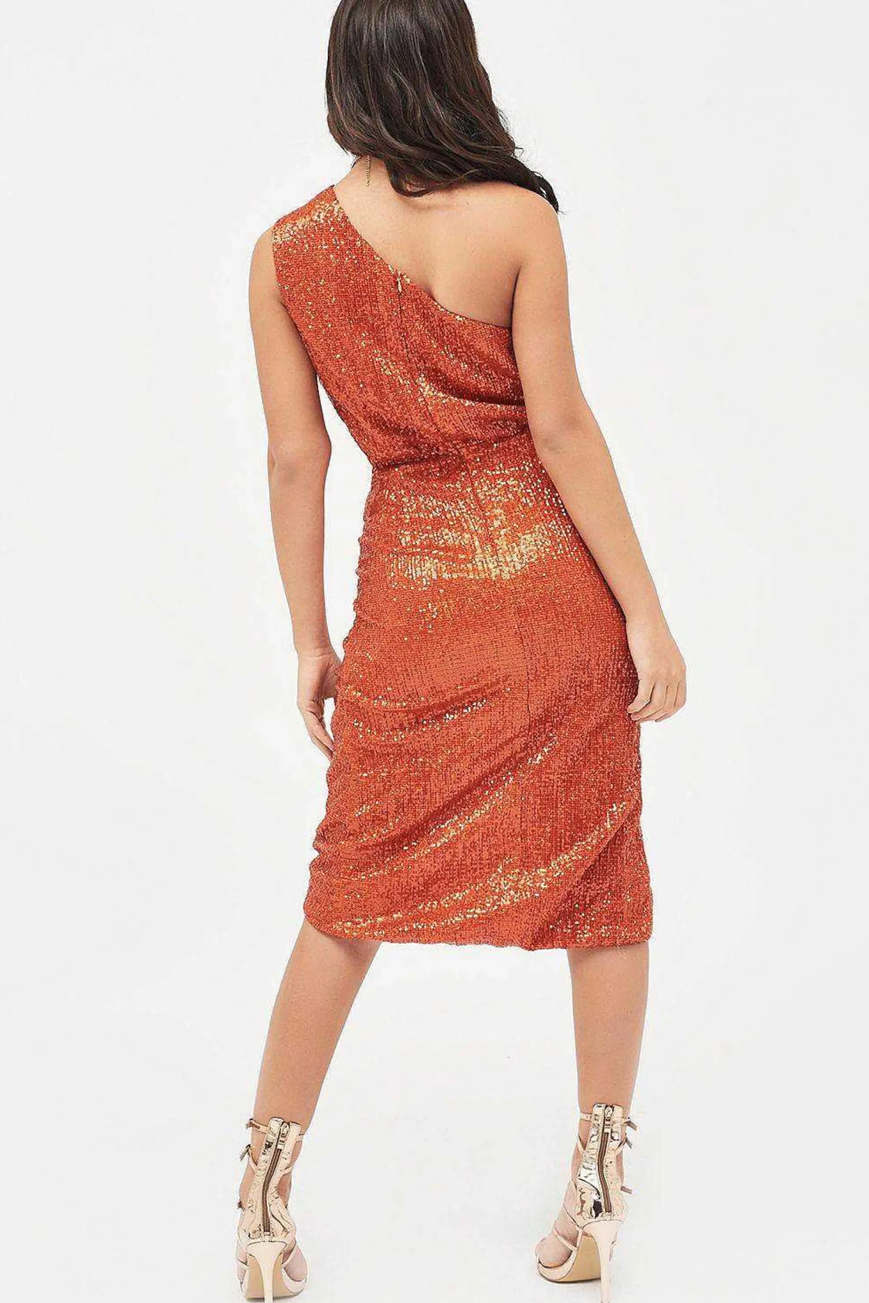 Lavish Alice Dresses<Quinn Pleated Sequin One Shoulder Cut Out Ruched Side Midi Dress In Orange