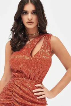 Lavish Alice Dresses<Quinn Pleated Sequin One Shoulder Cut Out Ruched Side Midi Dress In Orange