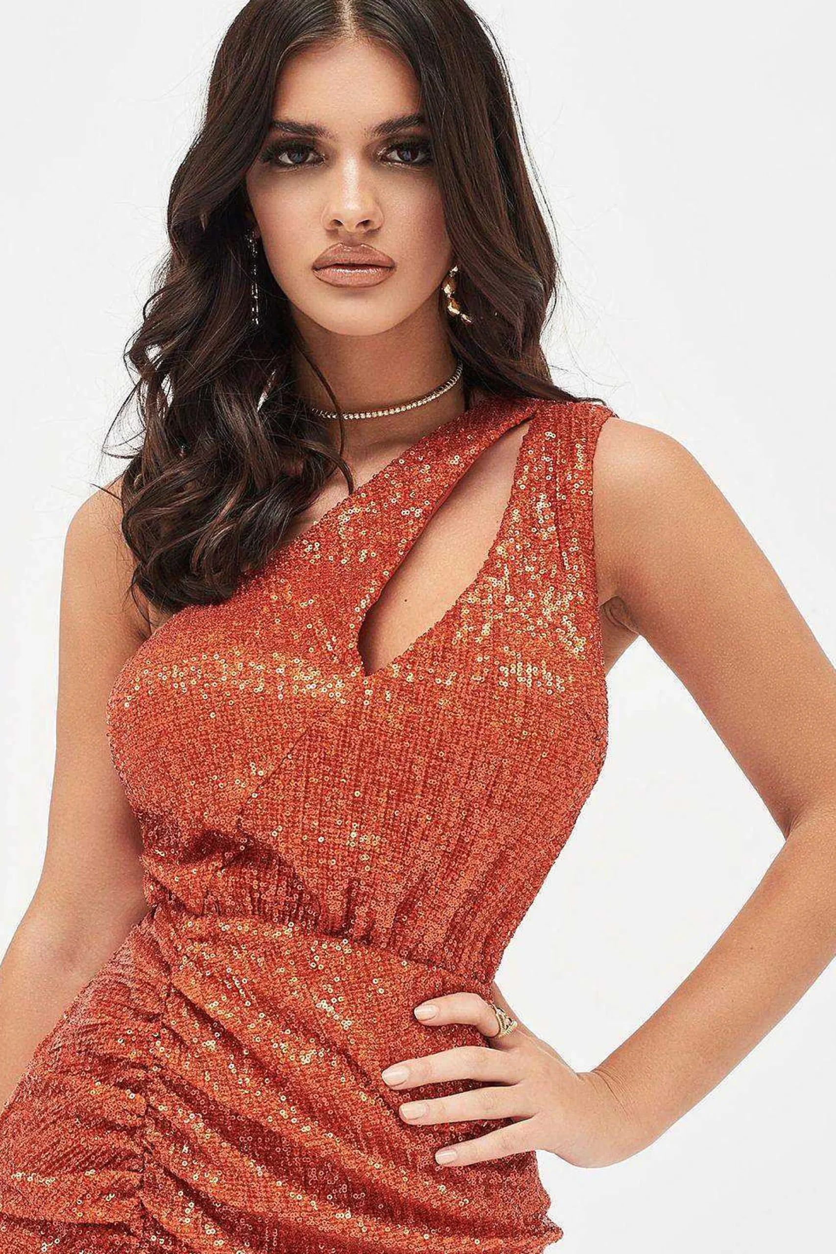 Lavish Alice Dresses<Quinn Pleated Sequin One Shoulder Cut Out Ruched Side Midi Dress In Orange