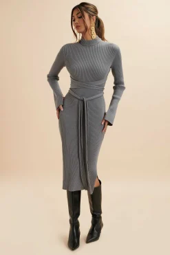 Lavish Alice Dresses<Romi Knitted Ribbed Open Back Sleeved Midi Dress In Grey
