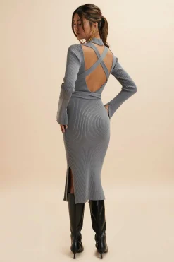 Lavish Alice Dresses<Romi Knitted Ribbed Open Back Sleeved Midi Dress In Grey