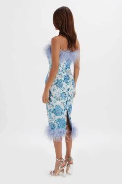 Lavish Alice Dresses<Sami Feather Bandeau Midi Dress In White And Blue Rose Sequin