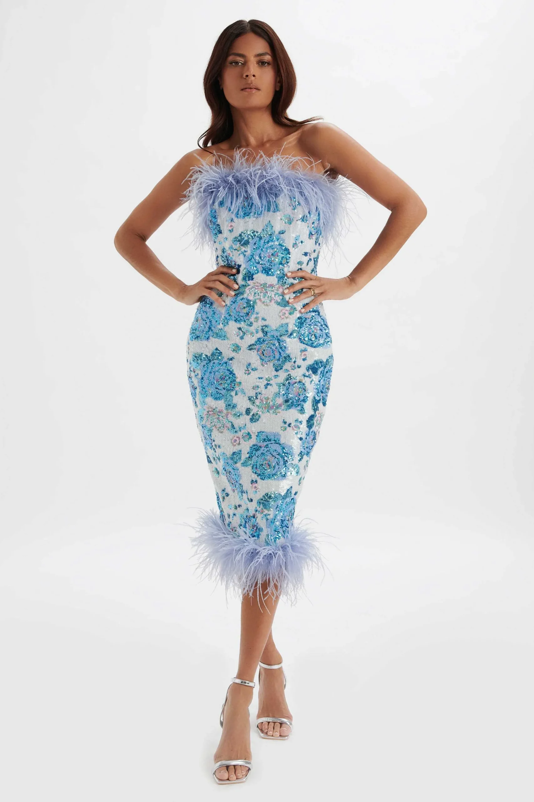 Lavish Alice Dresses<Sami Feather Bandeau Midi Dress In White And Blue Rose Sequin