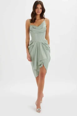 Lavish Alice Dresses<Selah Asymmetric Cowl Neck Draped Midi Dress In Sage