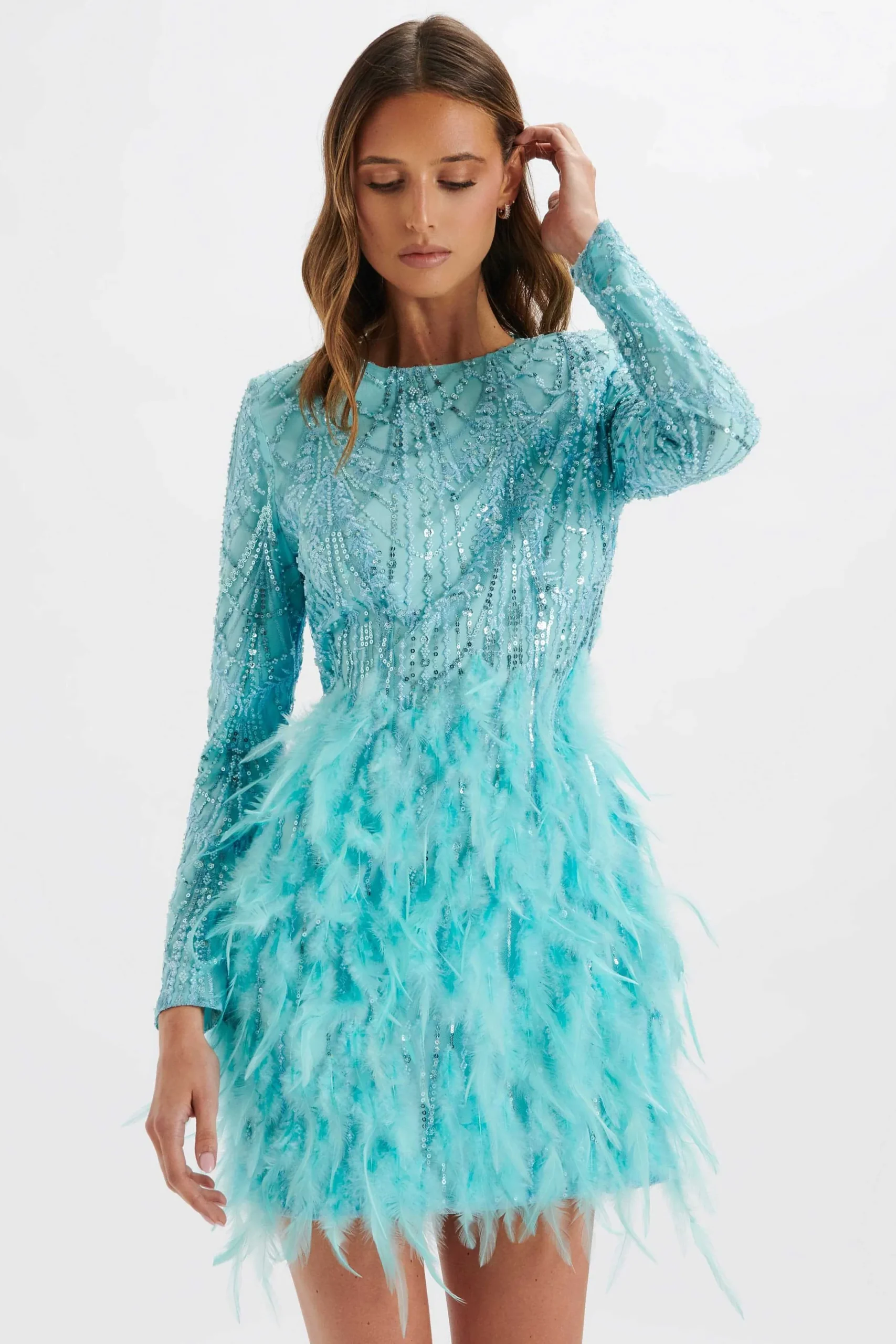 Lavish Alice Dresses<Selene Embellished Feather Mini Dress In Blue