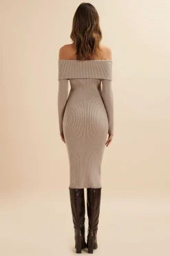 Lavish Alice Dresses<Sunday Knitted Rib Bardot Midi Dress In Beige