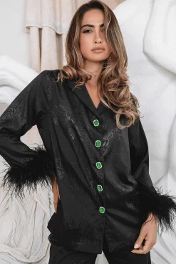 Lavish Alice Luxury Pyjamas<Sydney Feather Trim Satin Jacquard Pyjama In Black